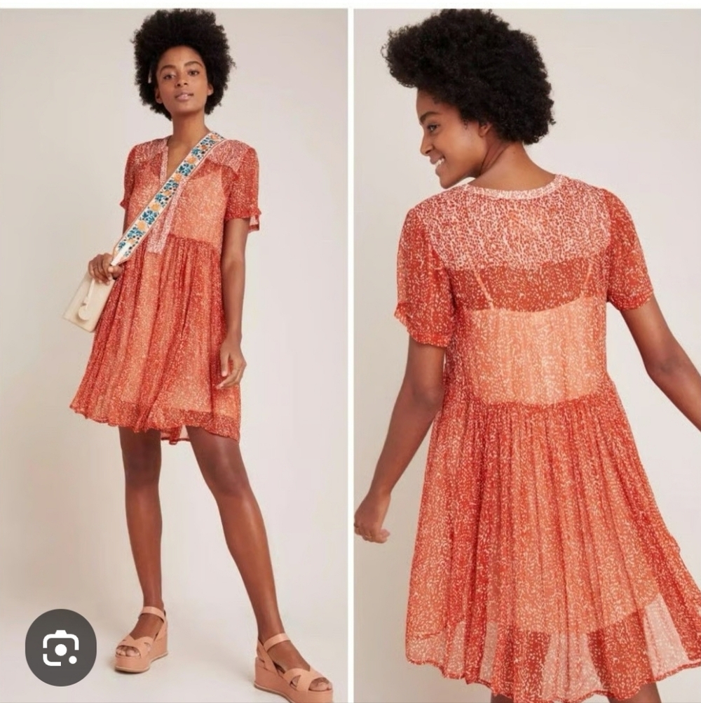 Maeve Anthropologie Adrian Sheer Tunic Dress in dark orange. Size S.